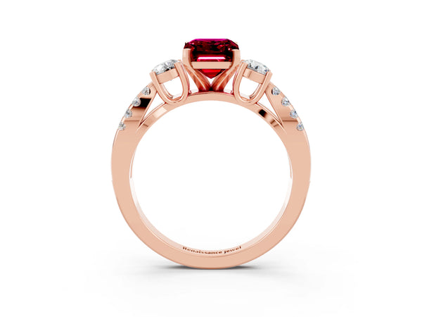 Rose gold Emerald Cut Garnet Three-Stone Ring with Pavé Split Shank and Four-Prong Setting