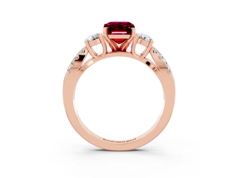 Rose gold Emerald Cut Garnet Three-Stone Ring with Pavé Split Shank and Four-Prong Setting_3