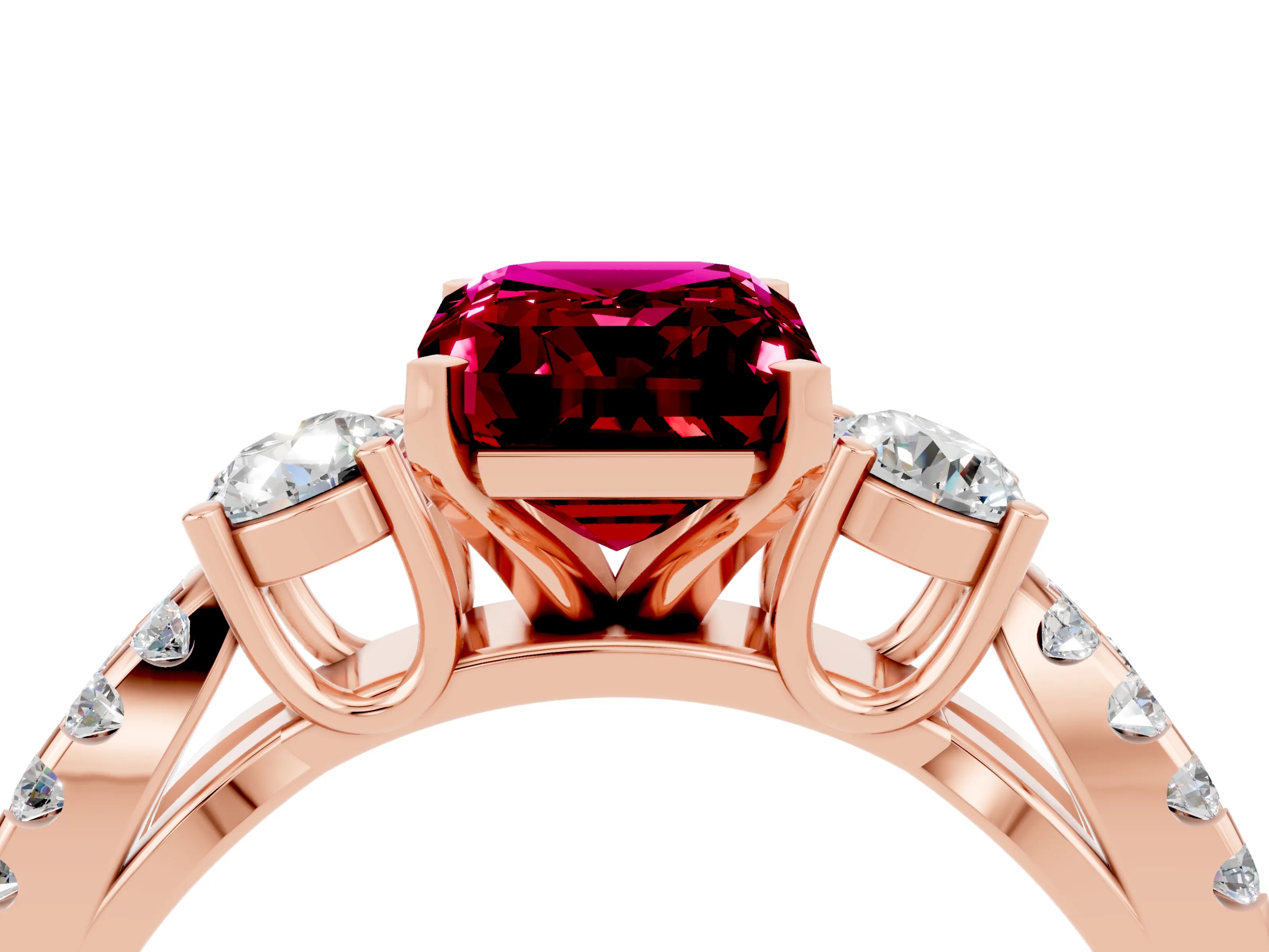 Rose gold Emerald Cut Garnet Three-Stone Ring with Pavé Split Shank and Four-Prong Setting_4