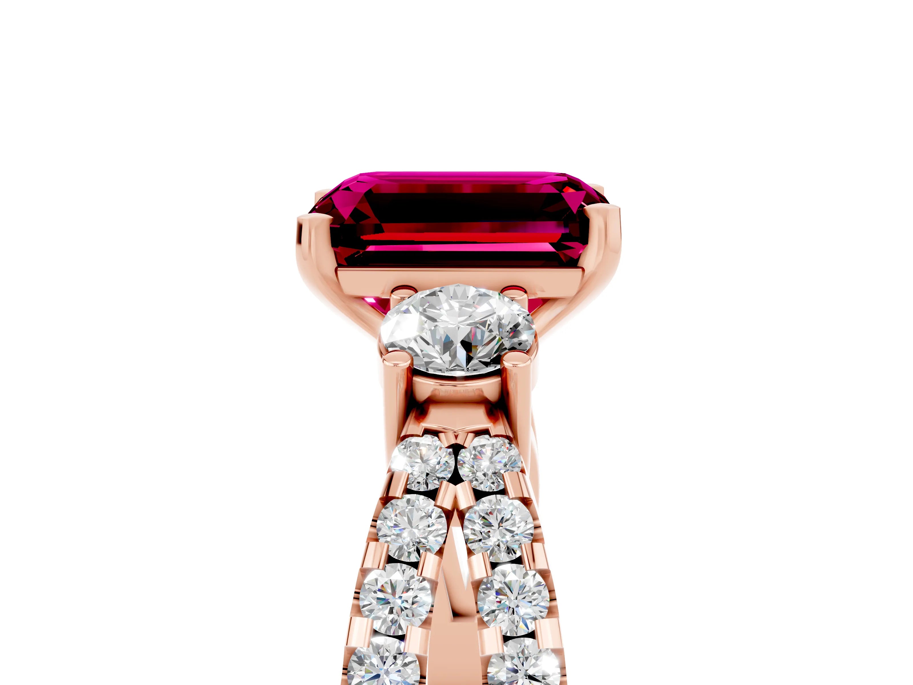 Rose gold Emerald Cut Garnet Three-Stone Ring with Pavé Split Shank and Four-Prong Setting_5