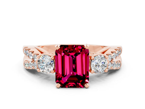 Rose gold Emerald Cut Garnet Three-Stone Ring with Pavé Split Shank and Four-Prong Setting