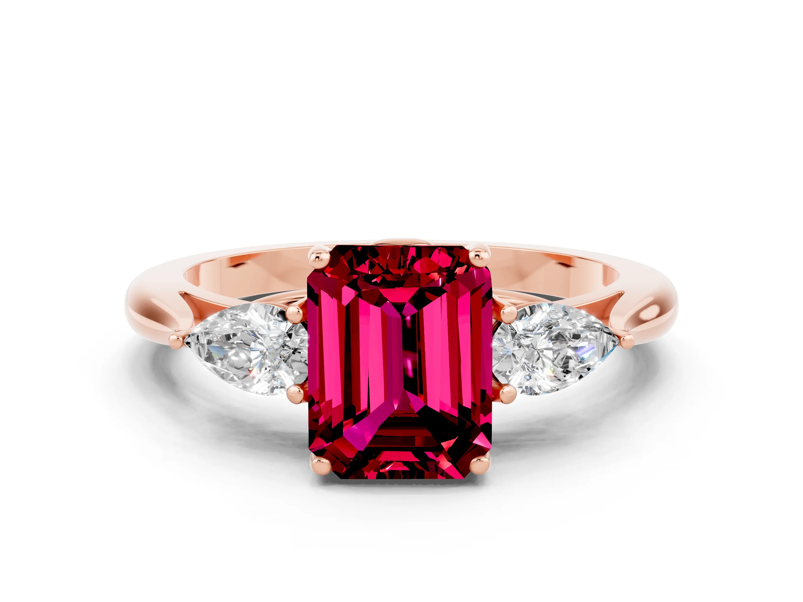 Rose gold Emerald Cut Garnet Three-Stone Ring with Pear Side Stones and Four-Prong Setting_12