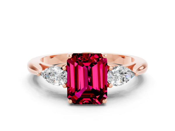 Rose gold Emerald Cut Garnet Three-Stone Ring with Pear  Side Stones and Prong Setting