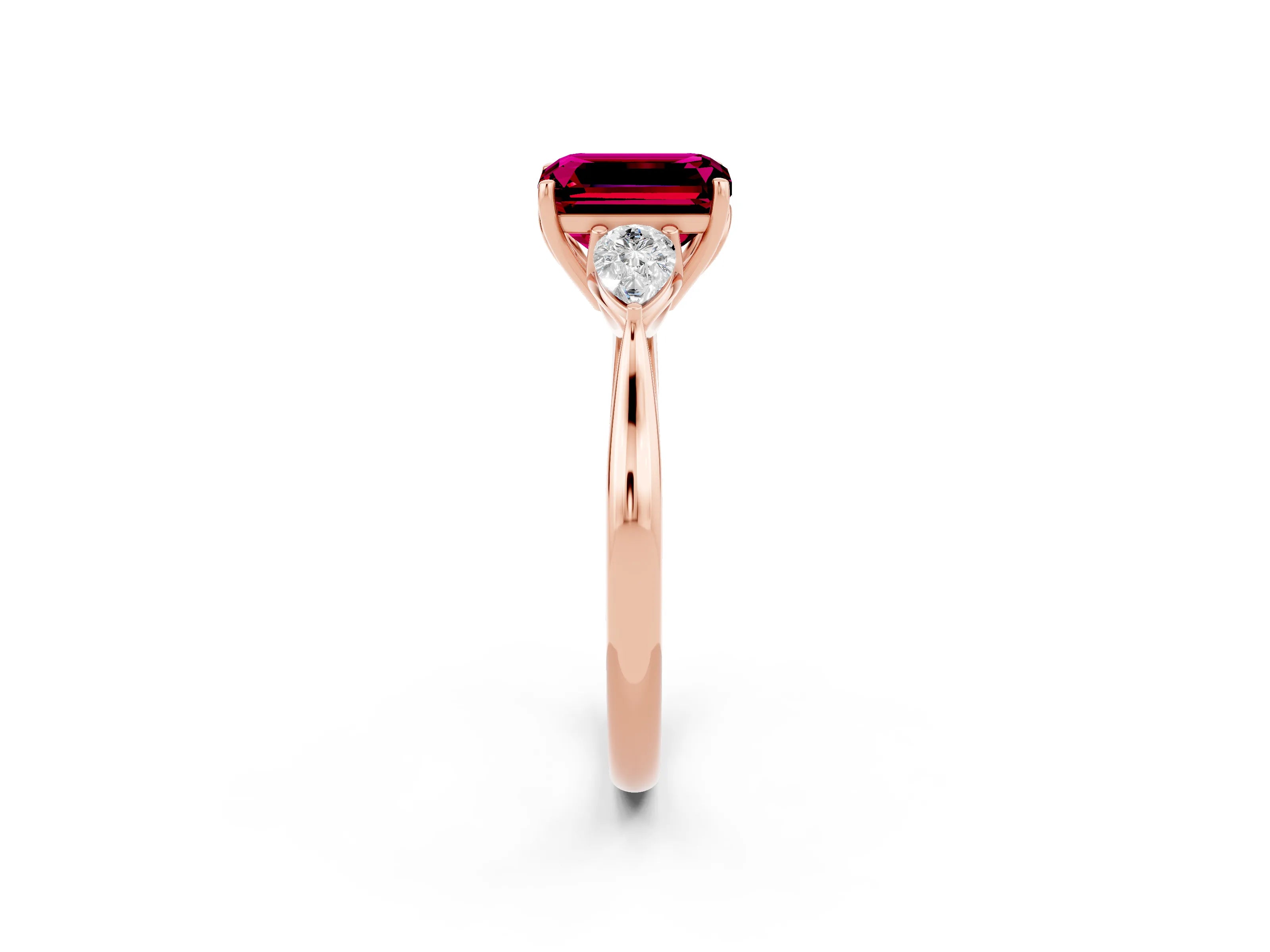 Rose gold Emerald Cut Garnet Three-Stone Ring with Pear Side Stones and Four-Prong Setting_14