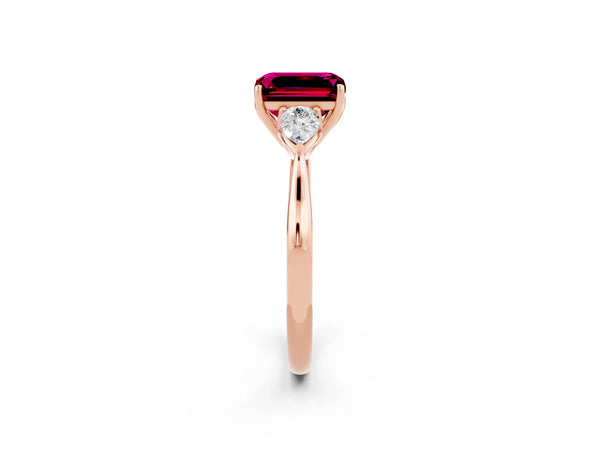 Rose gold Emerald Cut Garnet Three-Stone Ring with Pear  Side Stones and Prong Setting