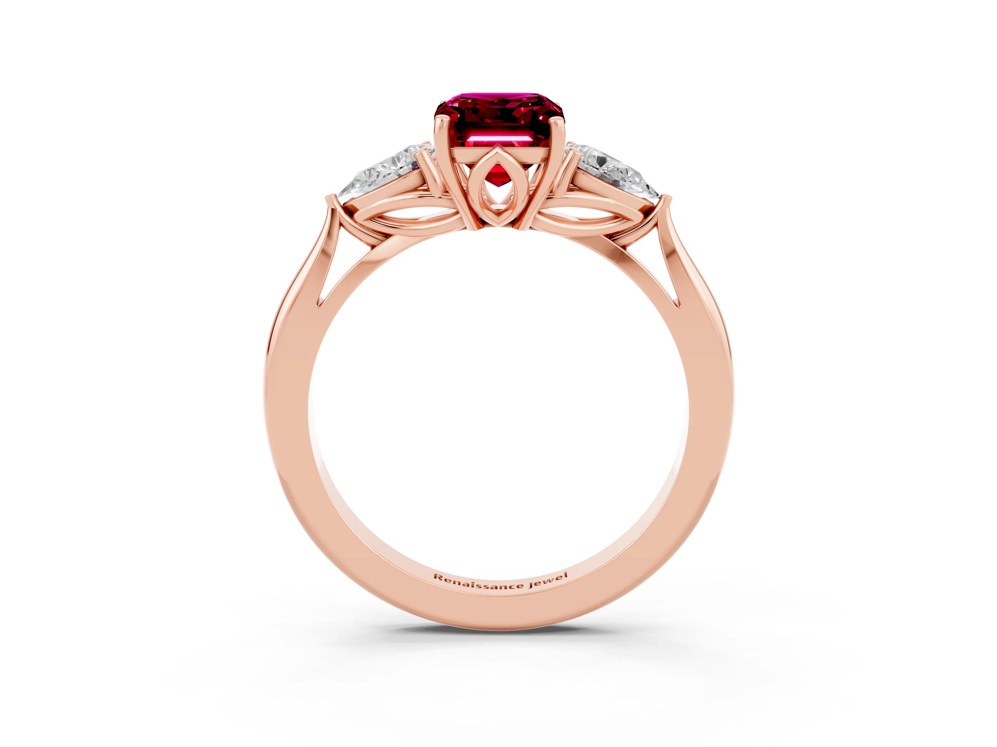 Rose gold Emerald Cut Garnet Three-Stone Ring with Pear Side Stones and Four-Prong Setting_15