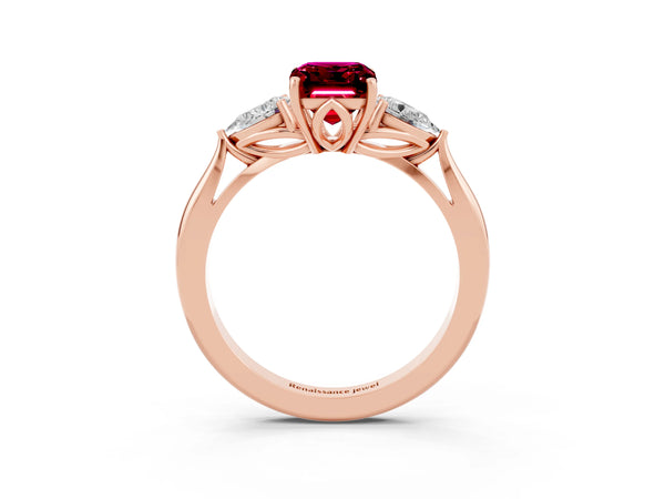 Rose gold Emerald Cut Garnet Three-Stone Ring with Pear  Side Stones and Prong Setting