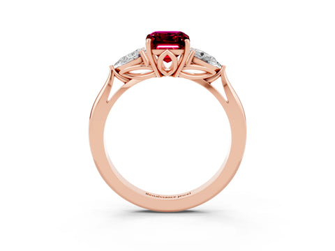 Rose gold Emerald Cut Garnet Three-Stone Ring with Pear Side Stones and Four-Prong Setting_15