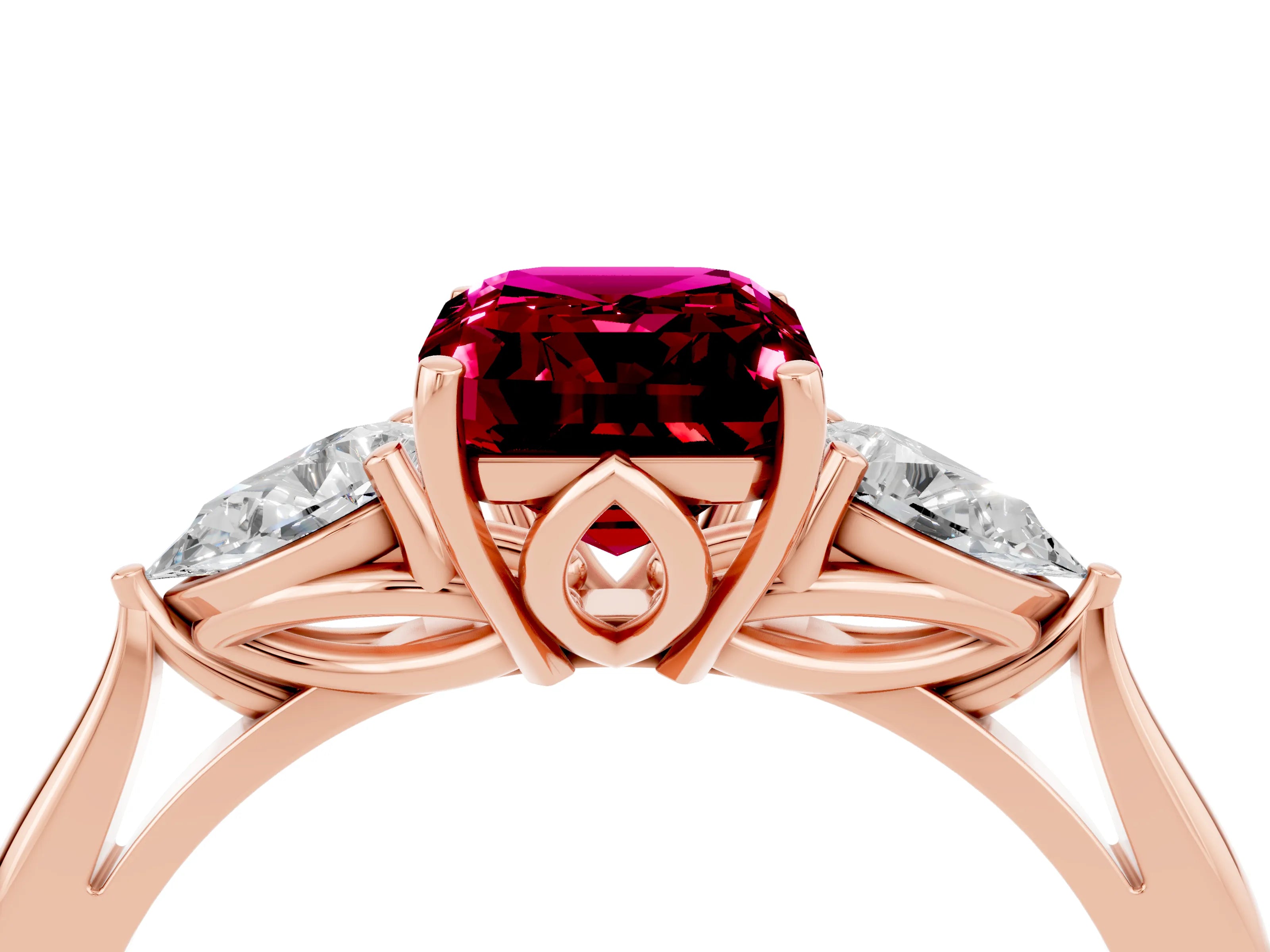 Rose gold Emerald Cut Garnet Three-Stone Ring with Pear Side Stones and Four-Prong Setting_16