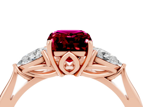 Rose gold Emerald Cut Garnet Three-Stone Ring with Pear Side Stones and Four-Prong Setting_16