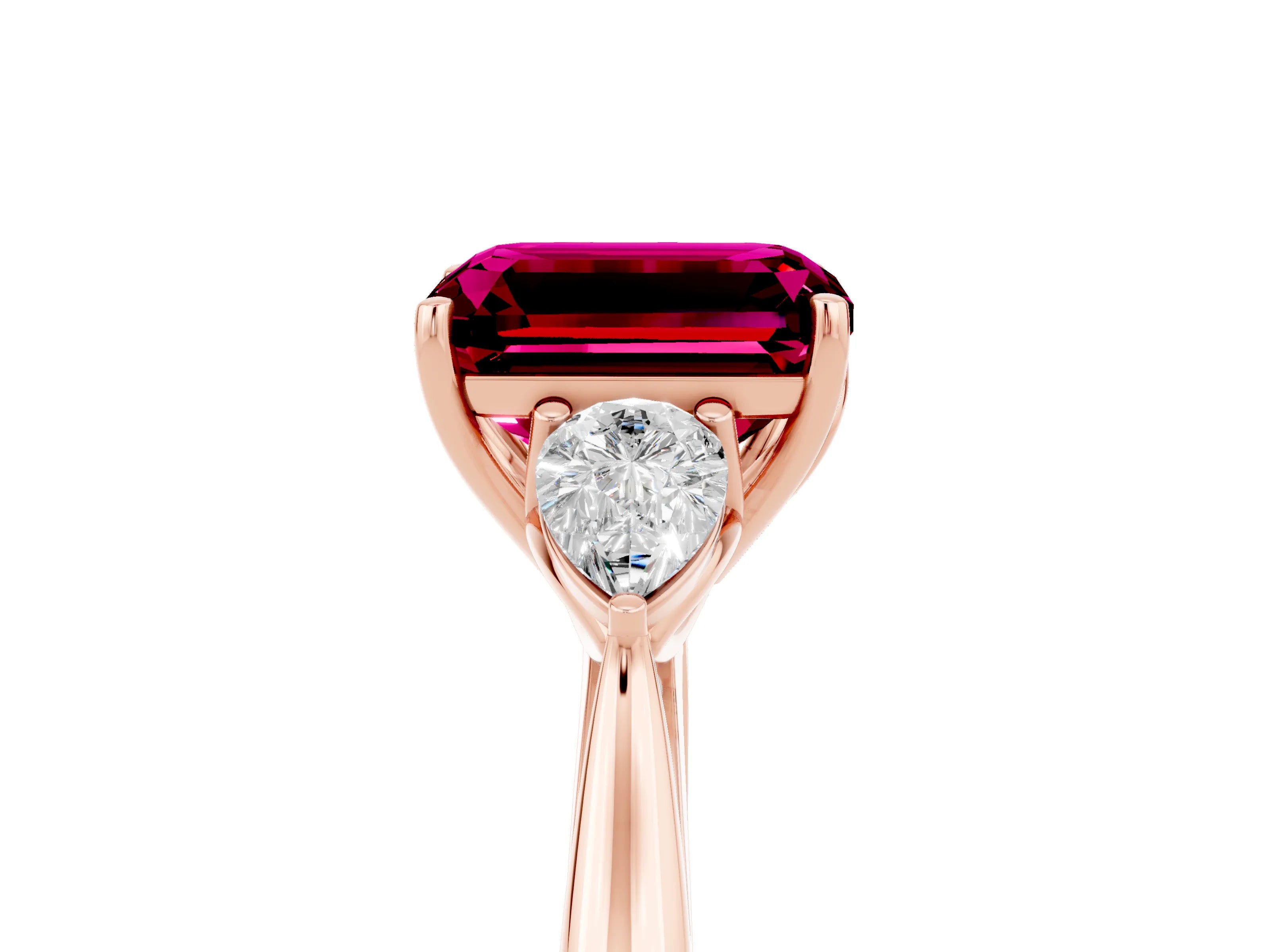 Rose gold Emerald Cut Garnet Three-Stone Ring with Pear Side Stones and Four-Prong Setting_17