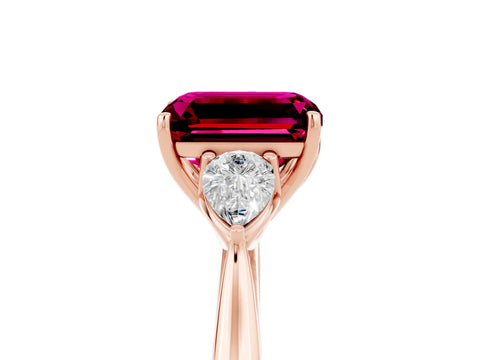 Rose gold Emerald Cut Garnet Three-Stone Ring with Pear Side Stones and Four-Prong Setting_17