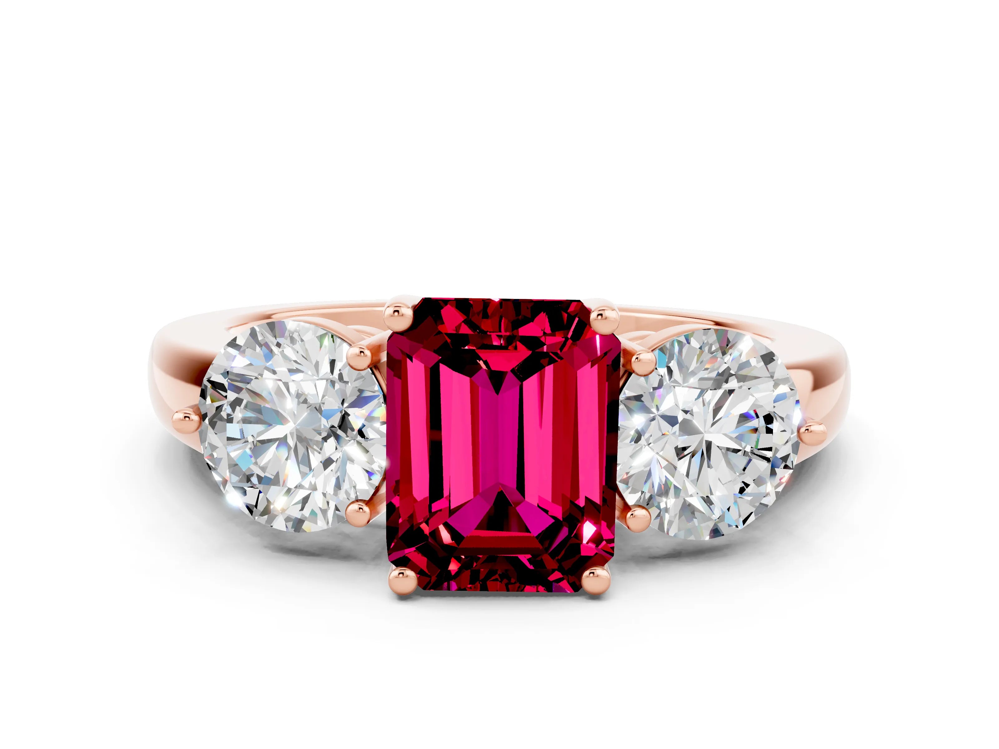 Rose gold Emerald Cut Garnet Three-Stone Ring with Prong Setting and Classic Band