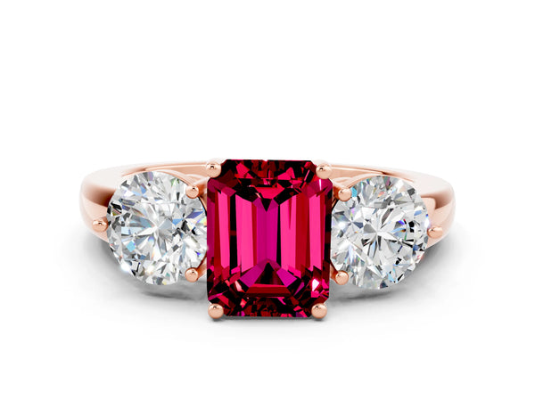 Rose gold Emerald Cut Garnet Three-Stone Ring with Prong Setting and Classic Band