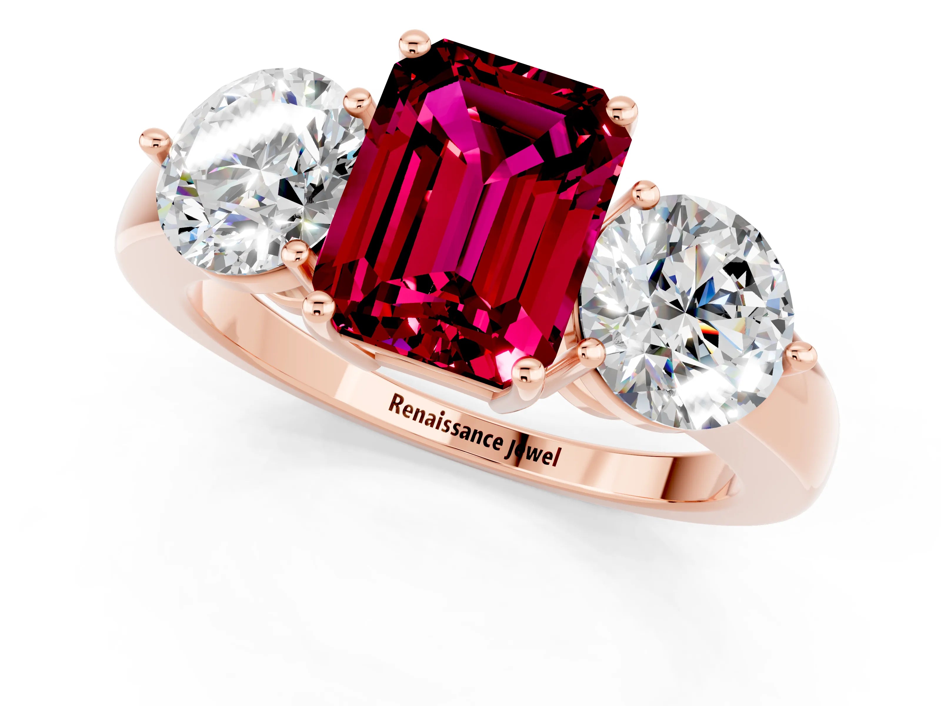 Rose gold Emerald Cut Garnet Three-Stone Ring with Prong Setting and Classic Band_1