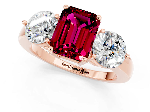 Rose gold Emerald Cut Garnet Three-Stone Ring with Prong Setting and Classic Band