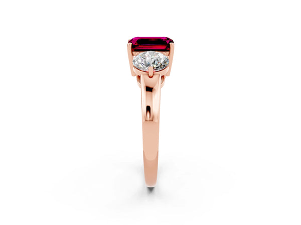 Rose gold Emerald Cut Garnet Three-Stone Ring with Prong Setting and Classic Band