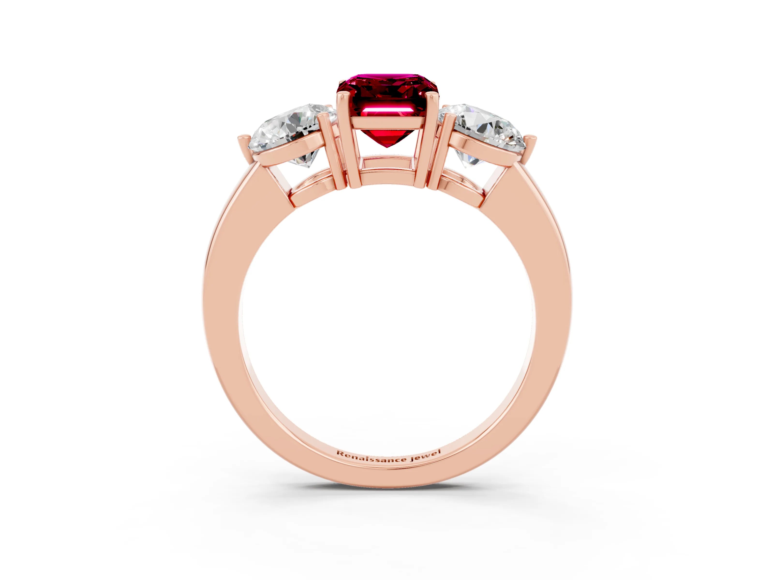 Rose gold Emerald Cut Garnet Three-Stone Ring with Prong Setting and Classic Band_3