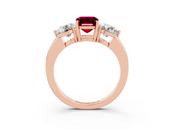 Rose gold Emerald Cut Garnet Three-Stone Ring with Prong Setting and Classic Band