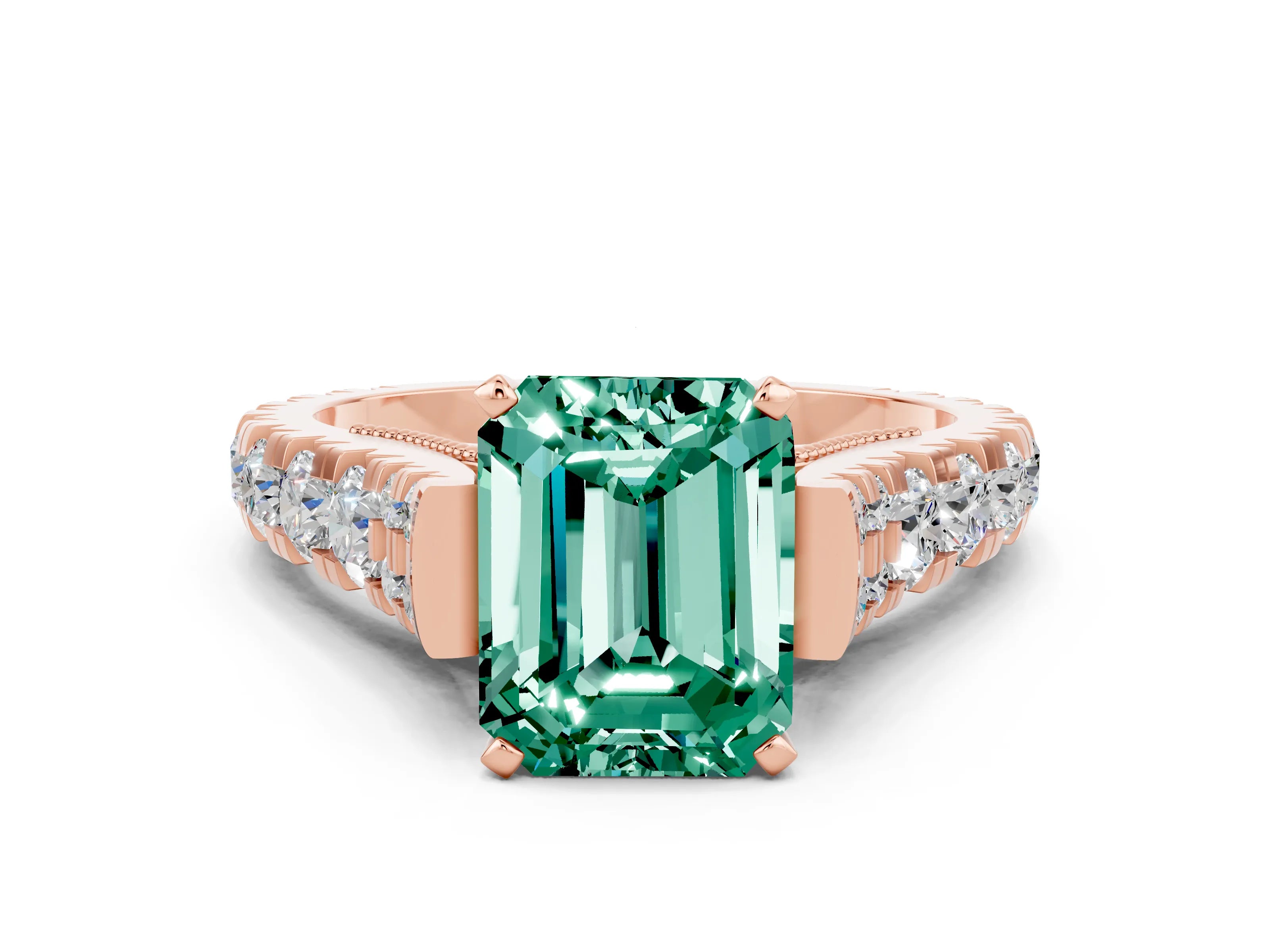 Rose gold Emerald Cut Green Sapphire Classic Solitaire Ring with Pavé Band and Four-Prong Setting