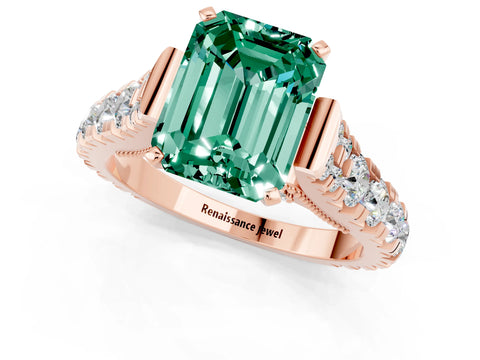 Rose gold Emerald Cut Green Sapphire Classic Solitaire Ring with Pavé Band and Four-Prong Setting_1