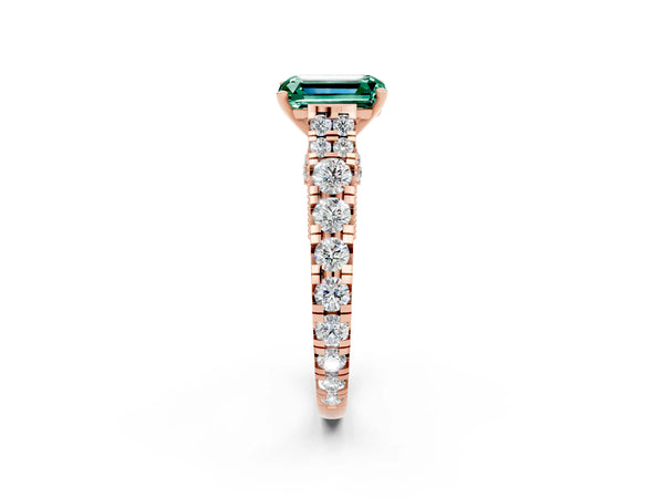 Rose gold Emerald Cut Green Sapphire Classic Solitaire Ring with Pavé Band and Four-Prong Setting