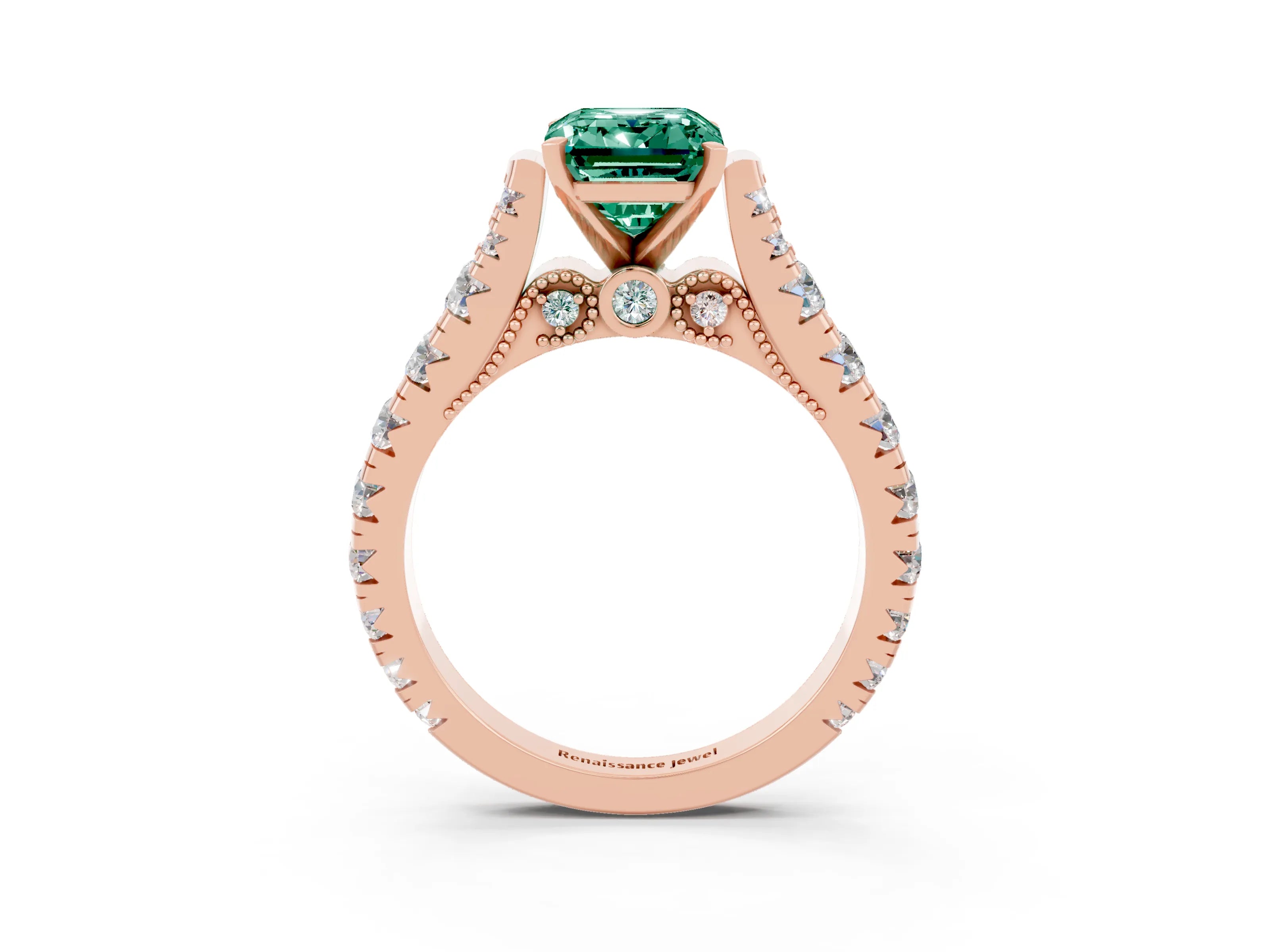 Rose gold Emerald Cut Green Sapphire Classic Solitaire Ring with Pavé Band and Four-Prong Setting_3