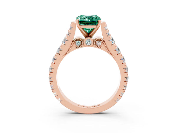 Rose gold Emerald Cut Green Sapphire Classic Solitaire Ring with Pavé Band and Four-Prong Setting
