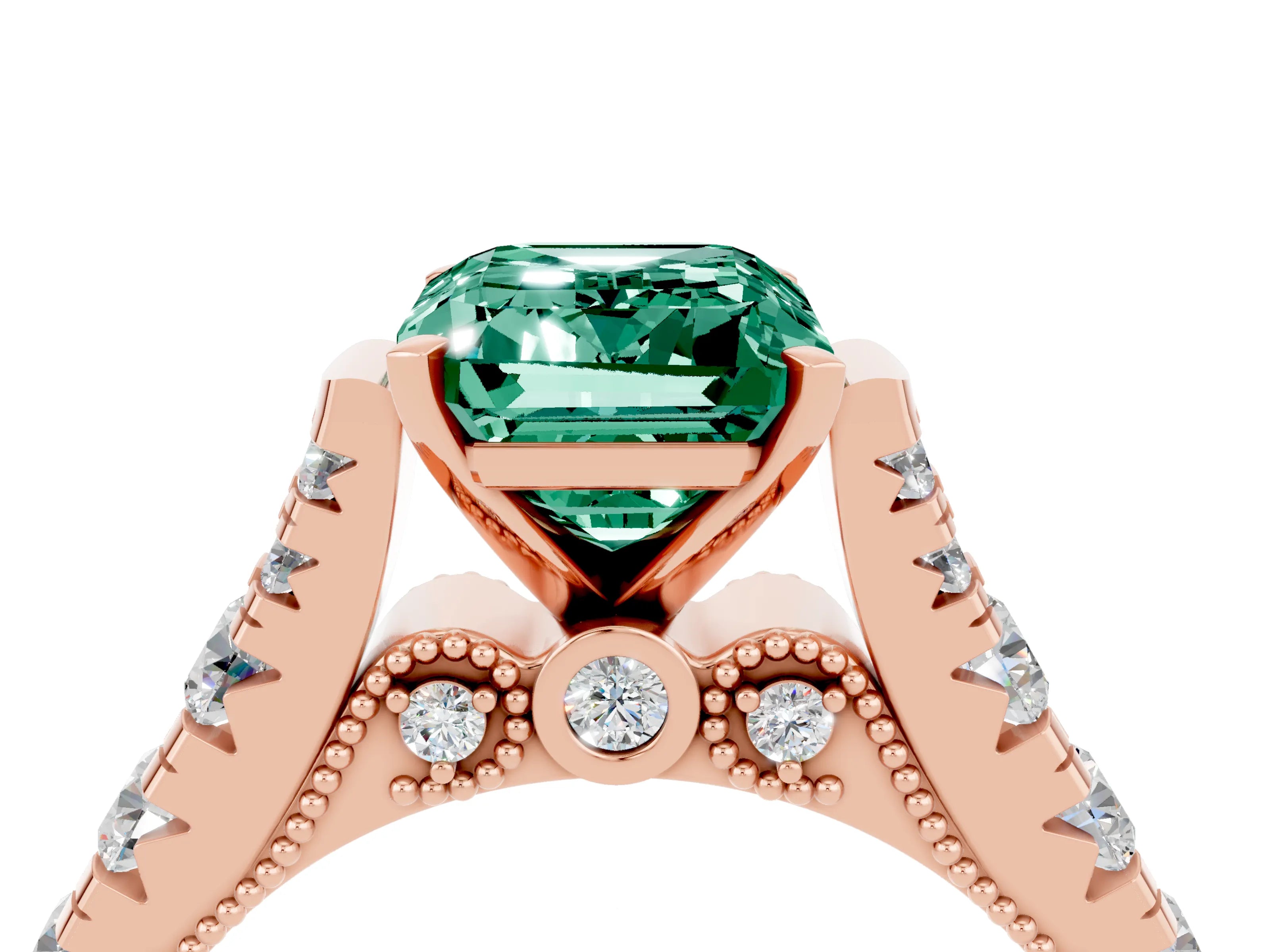 Rose gold Emerald Cut Green Sapphire Classic Solitaire Ring with Pavé Band and Four-Prong Setting_4