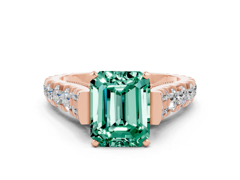 Rose gold Emerald Cut Green Sapphire Classic Solitaire Ring with Pavé Band and Four-Prong Setting