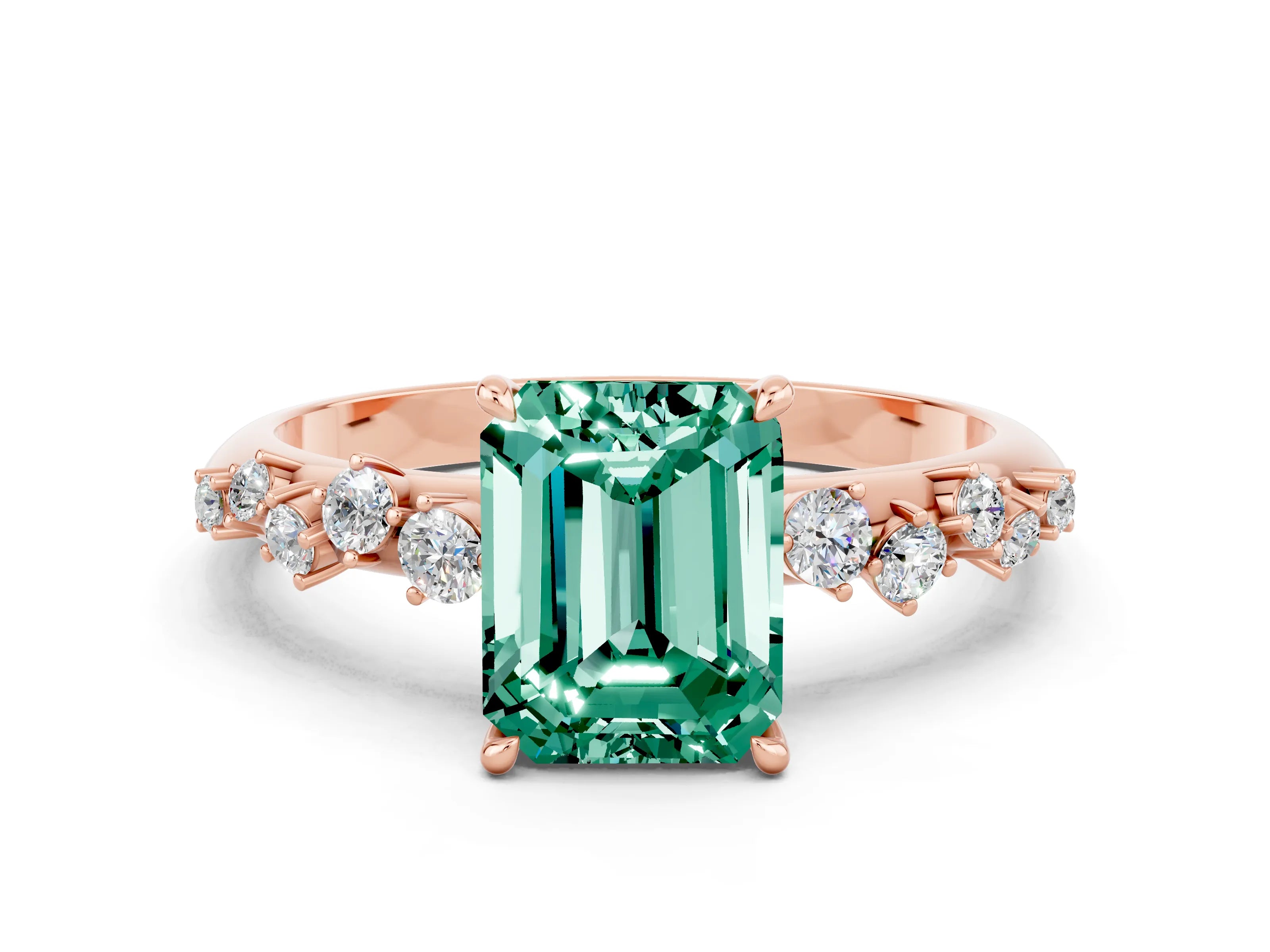 Rose gold Emerald Cut Green Sapphire Cluster Side Stone Solitaire Ring with Prong Setting_24