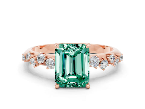 Rose gold Emerald Cut Green Sapphire Cluster Side Stone Solitaire Ring with Prong Setting_24