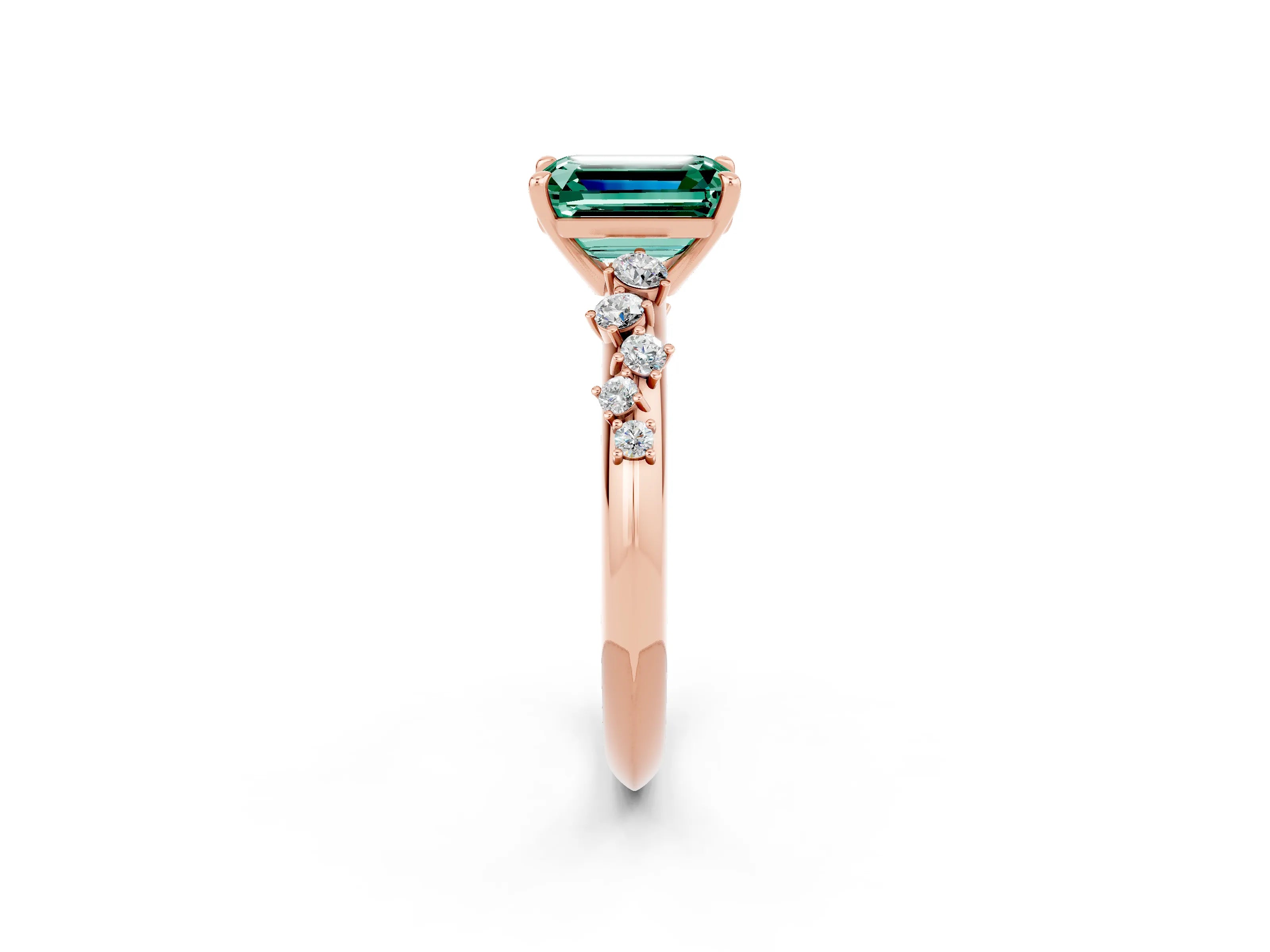 Rose gold Emerald Cut Green Sapphire Cluster Side Stone Solitaire Ring with Prong Setting_26