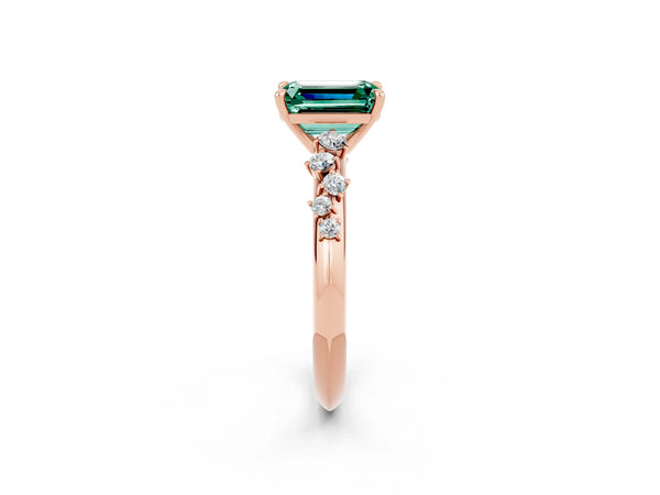 Rose gold Emerald Cut Green Sapphire Cluster Side Stone Solitaire Ring with Prong Setting