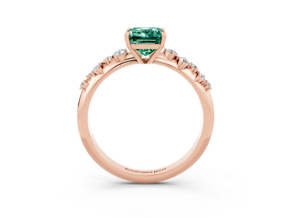 Rose gold Emerald Cut Green Sapphire Cluster Side Stone Solitaire Ring with Prong Setting