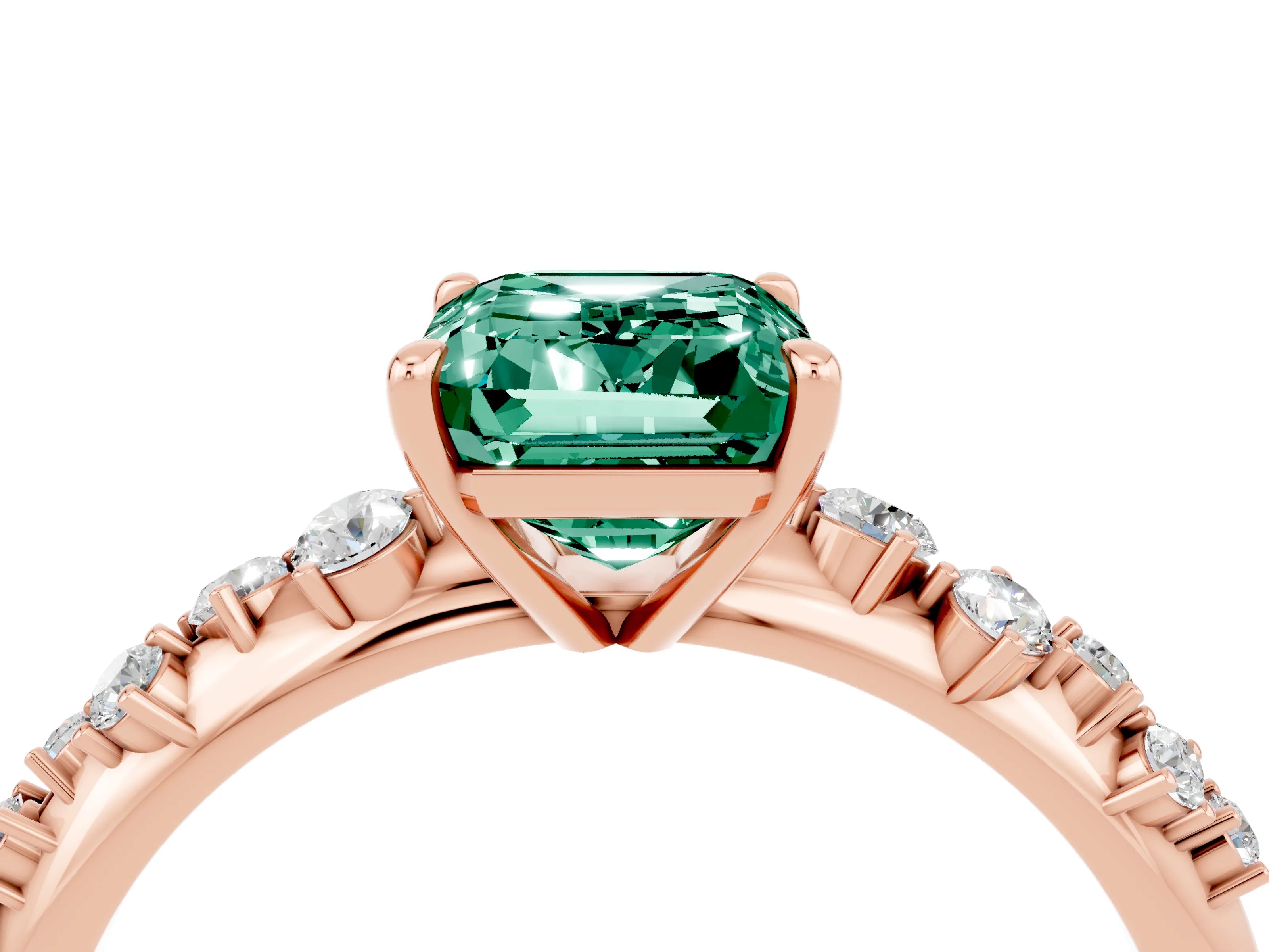 Rose gold Emerald Cut Green Sapphire Cluster Side Stone Solitaire Ring with Prong Setting_28