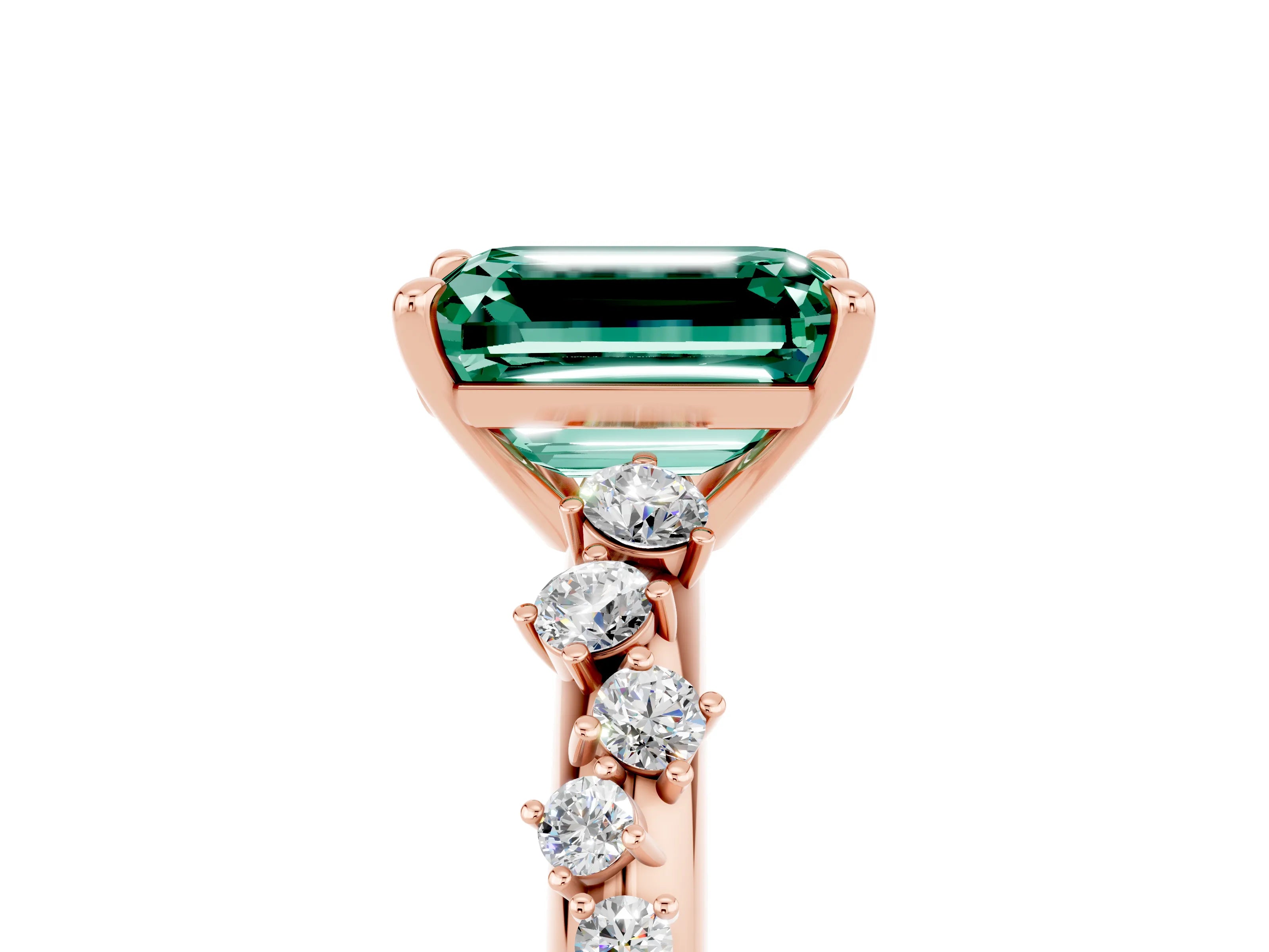 Rose gold Emerald Cut Green Sapphire Cluster Side Stone Solitaire Ring with Prong Setting_29