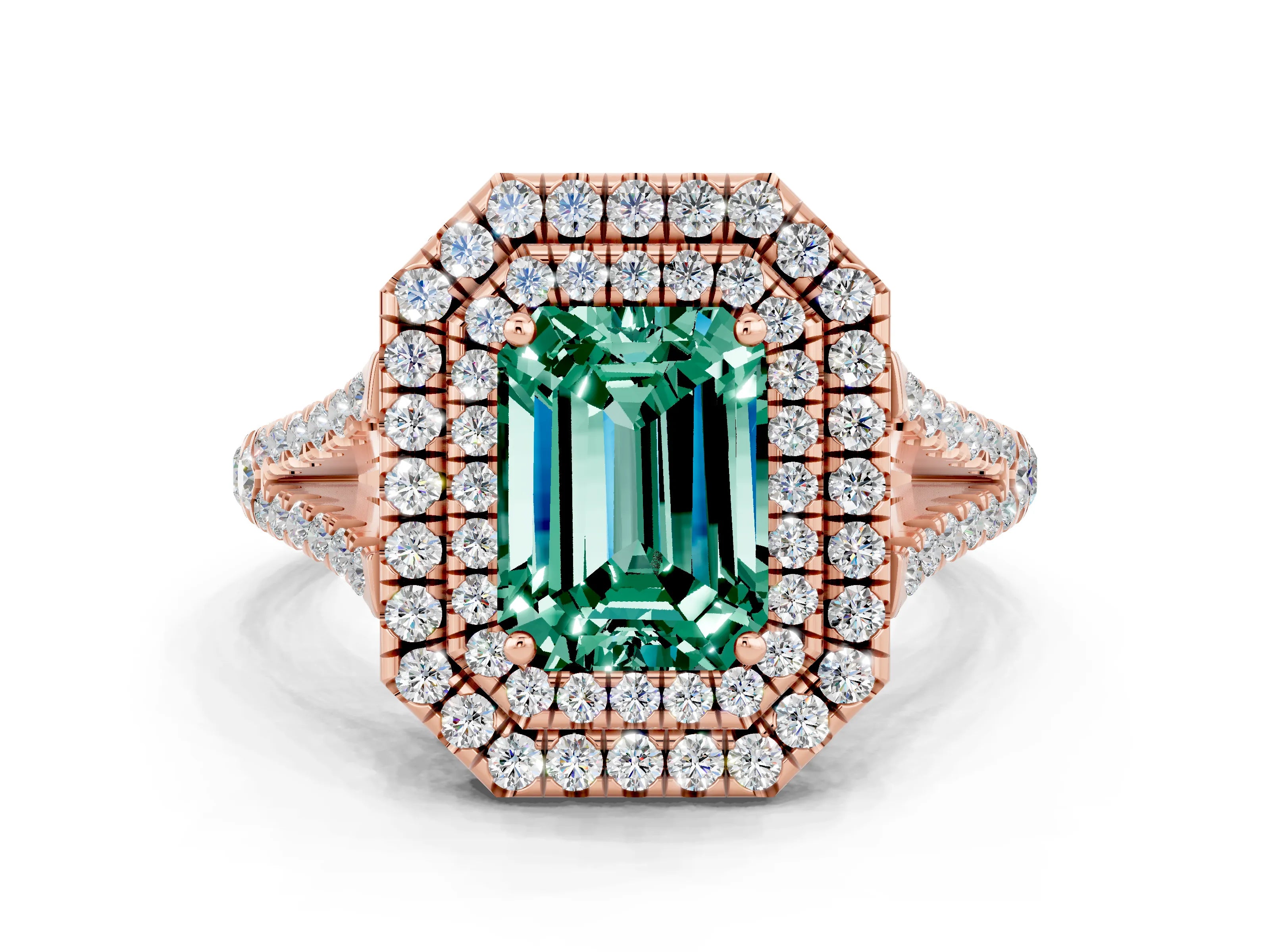 Rose gold Emerald Cut Green Sapphire Double Halo Ring with Pavé Band and Prong Setting_12