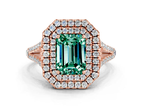 Rose gold Emerald Cut Green Sapphire Double Halo Ring with Pavé Band and Prong Setting_12