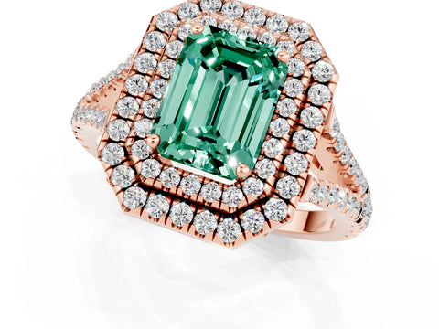 Rose gold Emerald Cut Green Sapphire Double Halo Ring with Pavé Band and Prong Setting_13