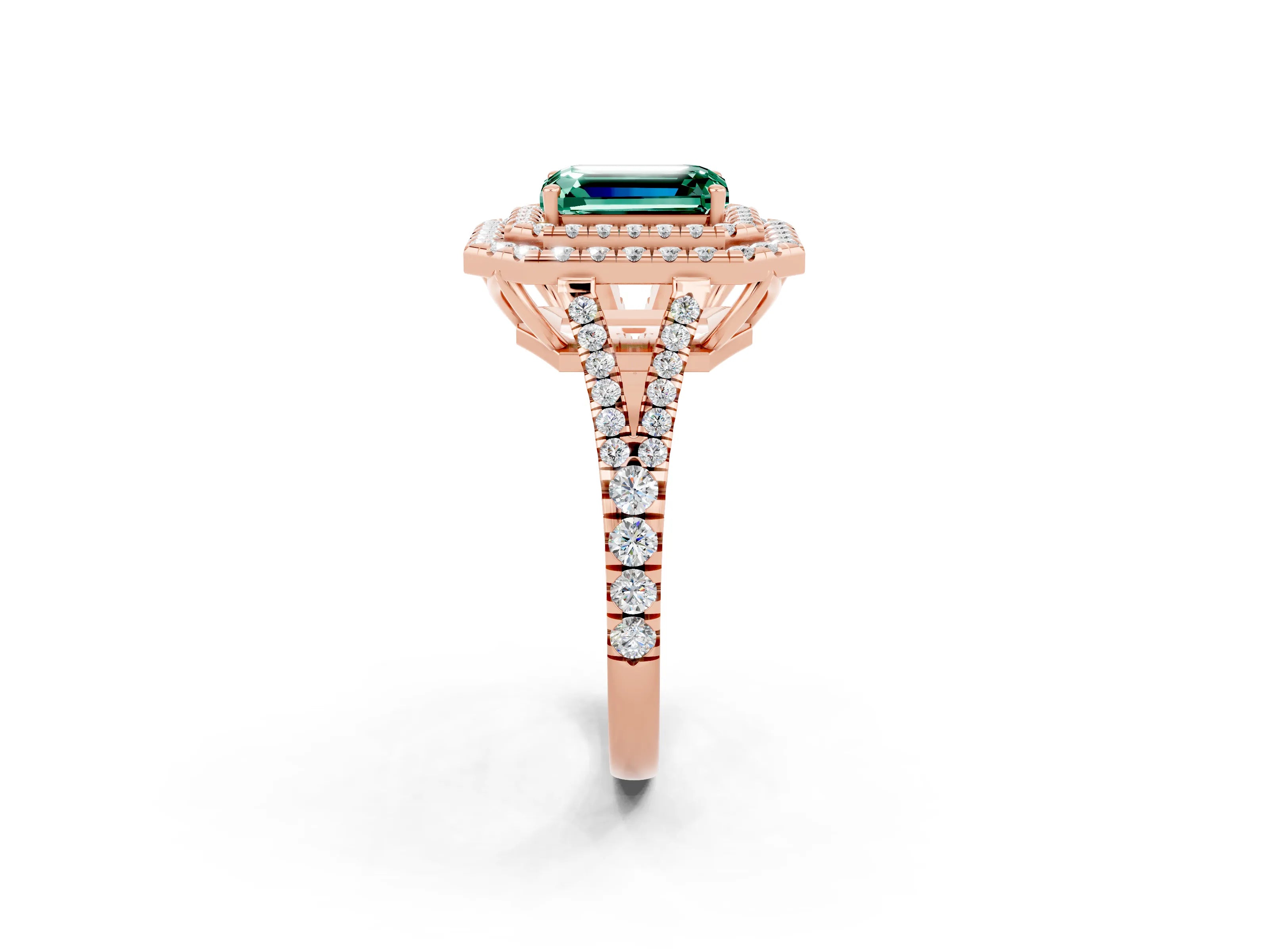 Rose gold Emerald Cut Green Sapphire Double Halo Ring with Pavé Band and Prong Setting_14