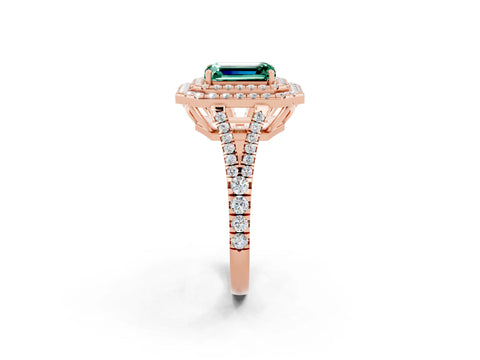 Rose gold Emerald Cut Green Sapphire Double Halo Ring with Pavé Band and Prong Setting_14