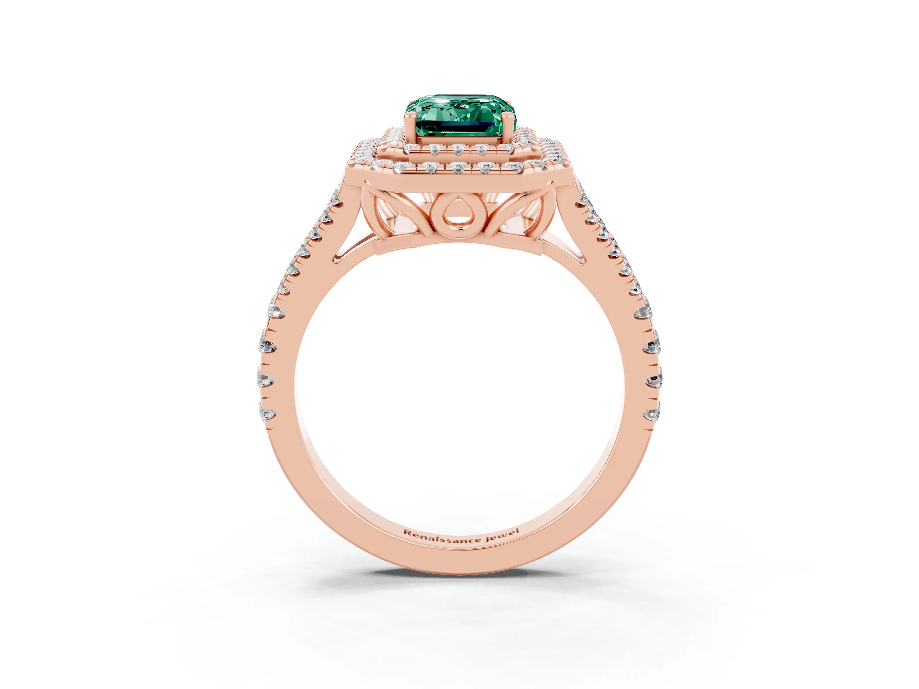 Rose gold Emerald Cut Green Sapphire Double Halo Ring with Pavé Band and Prong Setting_15