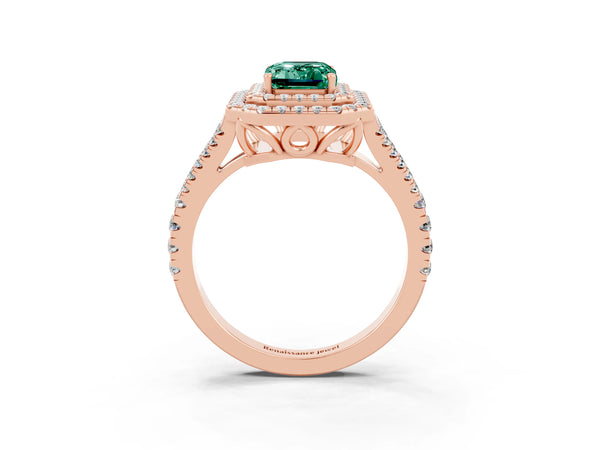 Rose gold Emerald Cut Green Sapphire Double Halo Ring with Pavé Band and Prong Setting