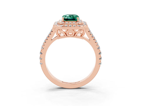 Rose gold Emerald Cut Green Sapphire Double Halo Ring with Pavé Band and Prong Setting_15