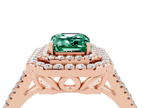 Rose gold Emerald Cut Green Sapphire Double Halo Ring with Pavé Band and Prong Setting_16