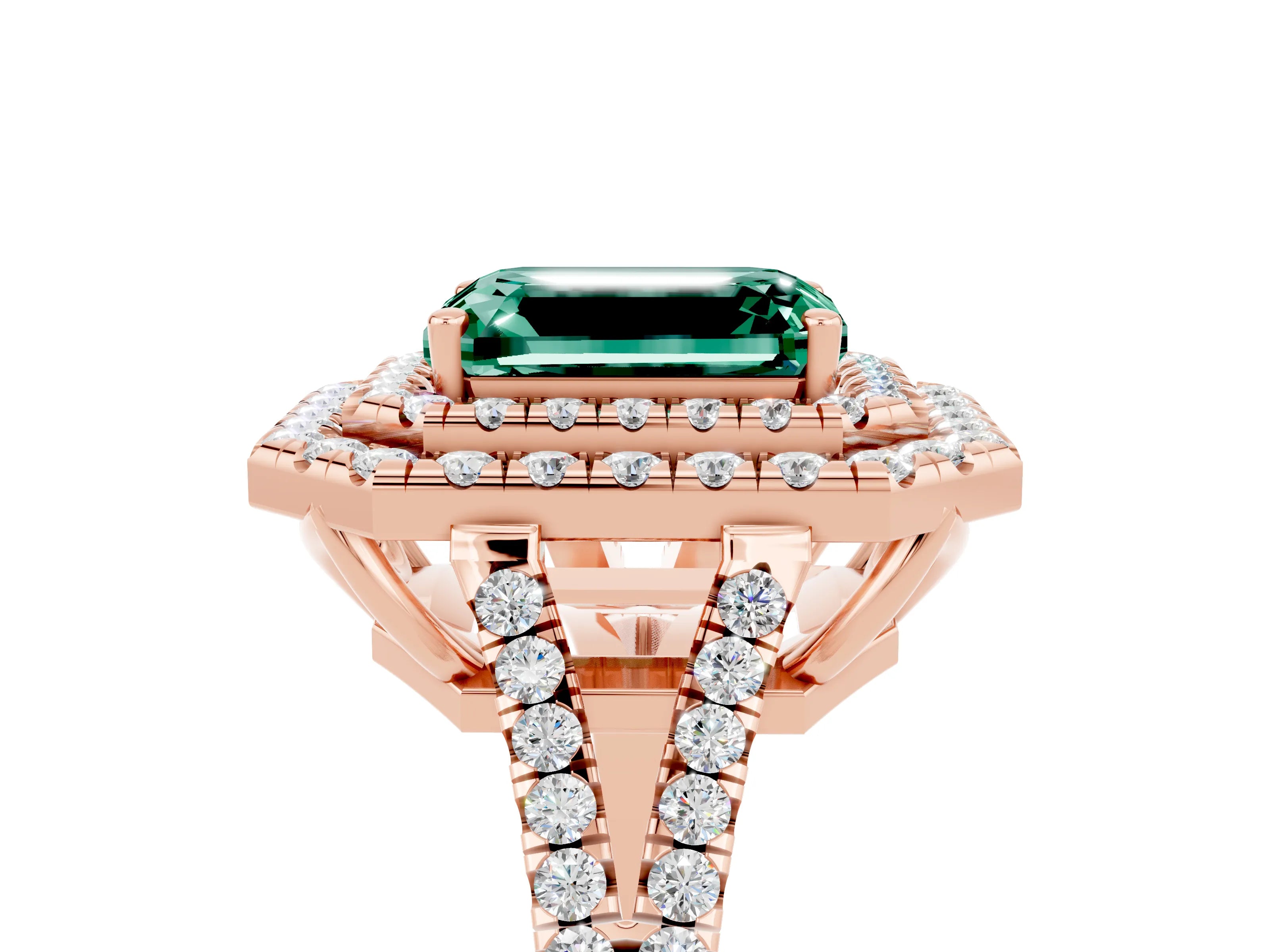 Rose gold Emerald Cut Green Sapphire Double Halo Ring with Pavé Band and Prong Setting_17