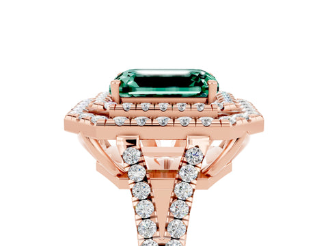 Rose gold Emerald Cut Green Sapphire Double Halo Ring with Pavé Band and Prong Setting_17