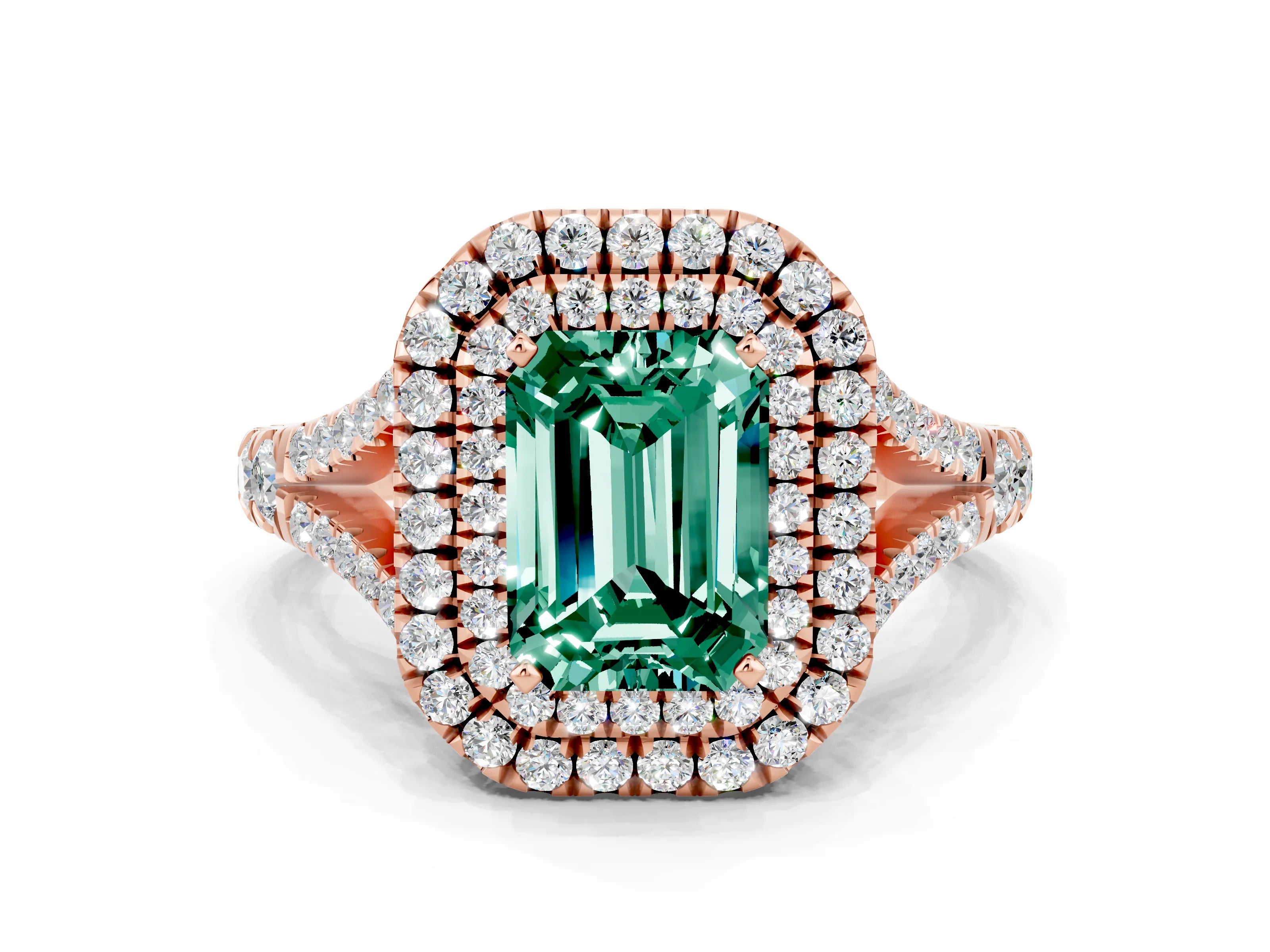 Rose gold Emerald Cut Green Sapphire Double Halo Ring with Split Shank and Prong Setting_12