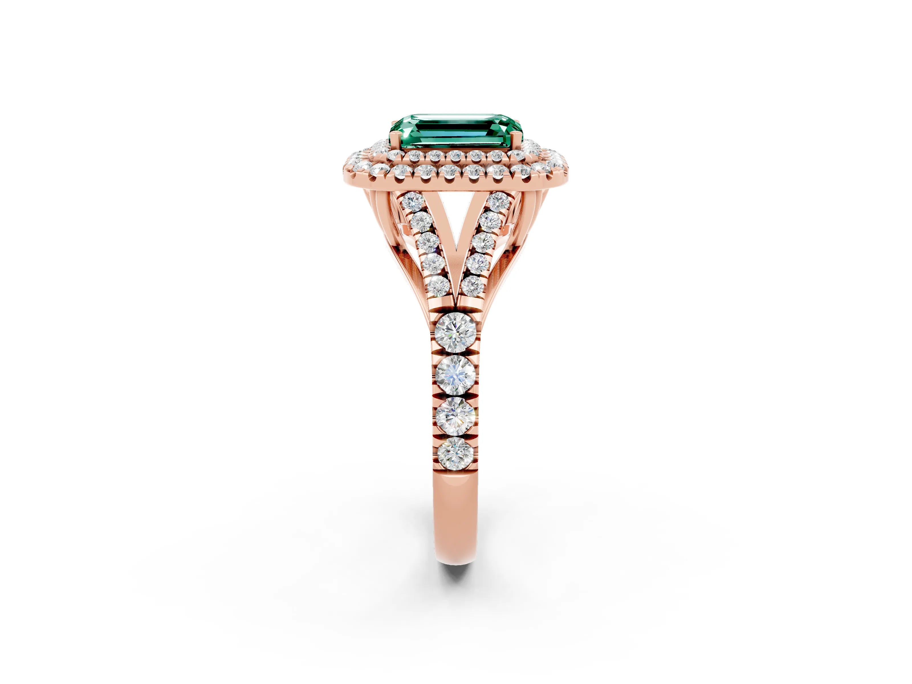 Rose gold Emerald Cut Green Sapphire Double Halo Ring with Split Shank and Prong Setting_14